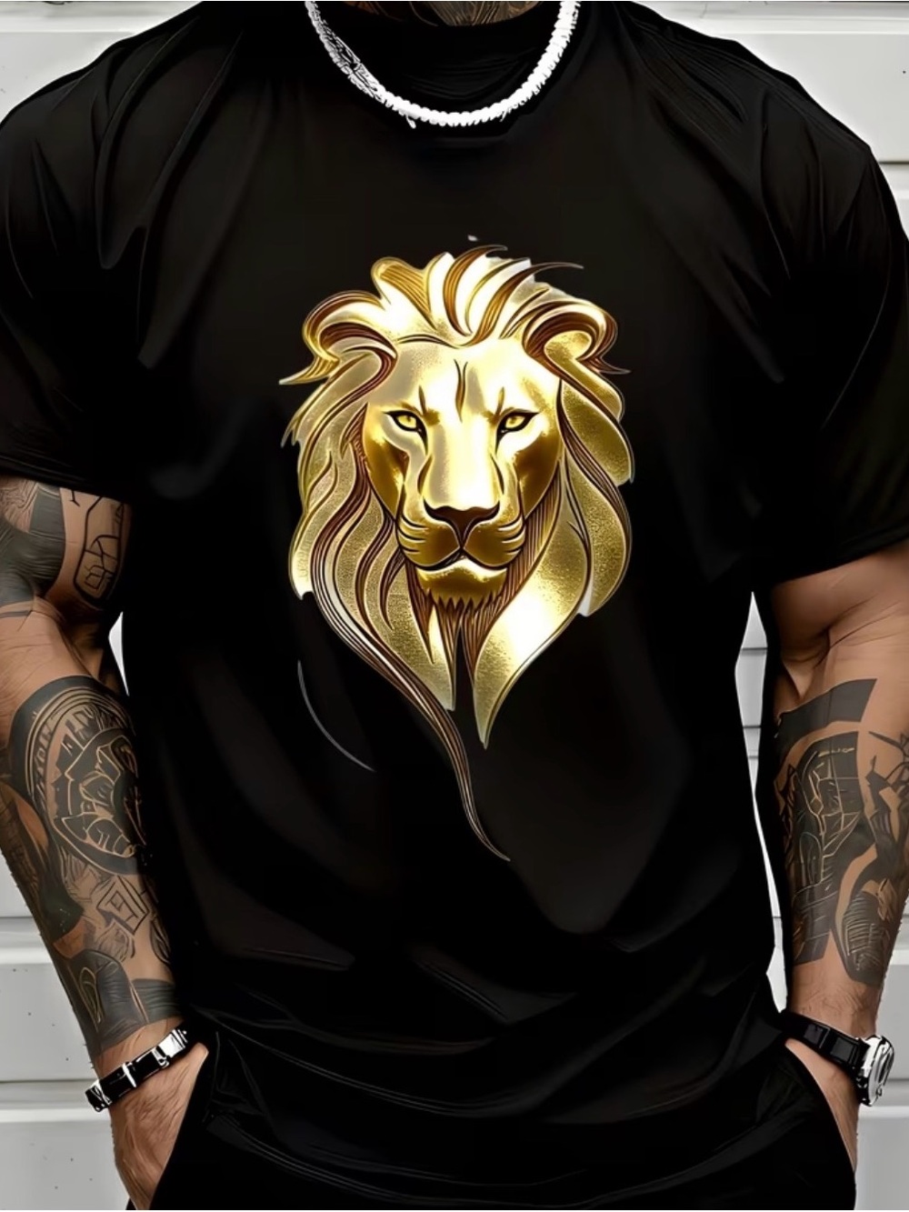 Mens lion t shirt black and gold size 2XL